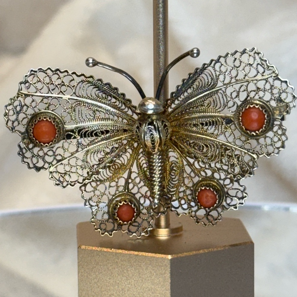 Antique Signed Sterling Silver 800 Filigree Butterfly Coral/Carnelian Brooch EUC - Picture 7 of 16
